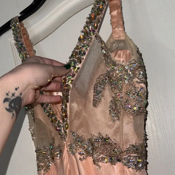 Sparkling Peach Gown with Embellished Bodice - Picture 5 of 6